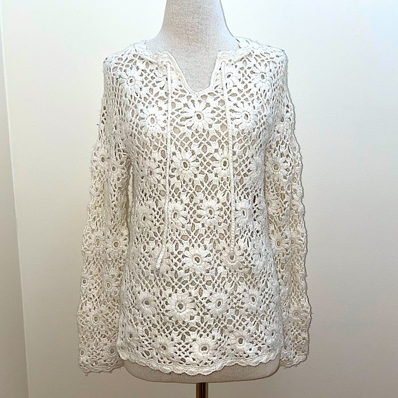 EXPRESS Handknit Open Knit Cream Ivory  granny chic Crochet Wool  Sweater Small - Picture 13 of 13